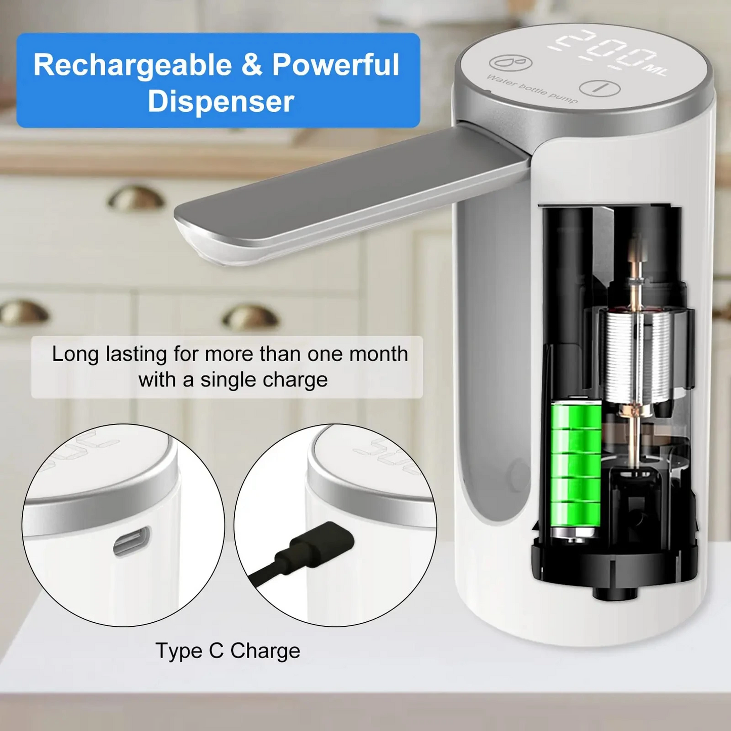 LED Display Electric Water Bottle Pump – Portable Foldable USB Rechargeable Dispenser (1200 mAh)
